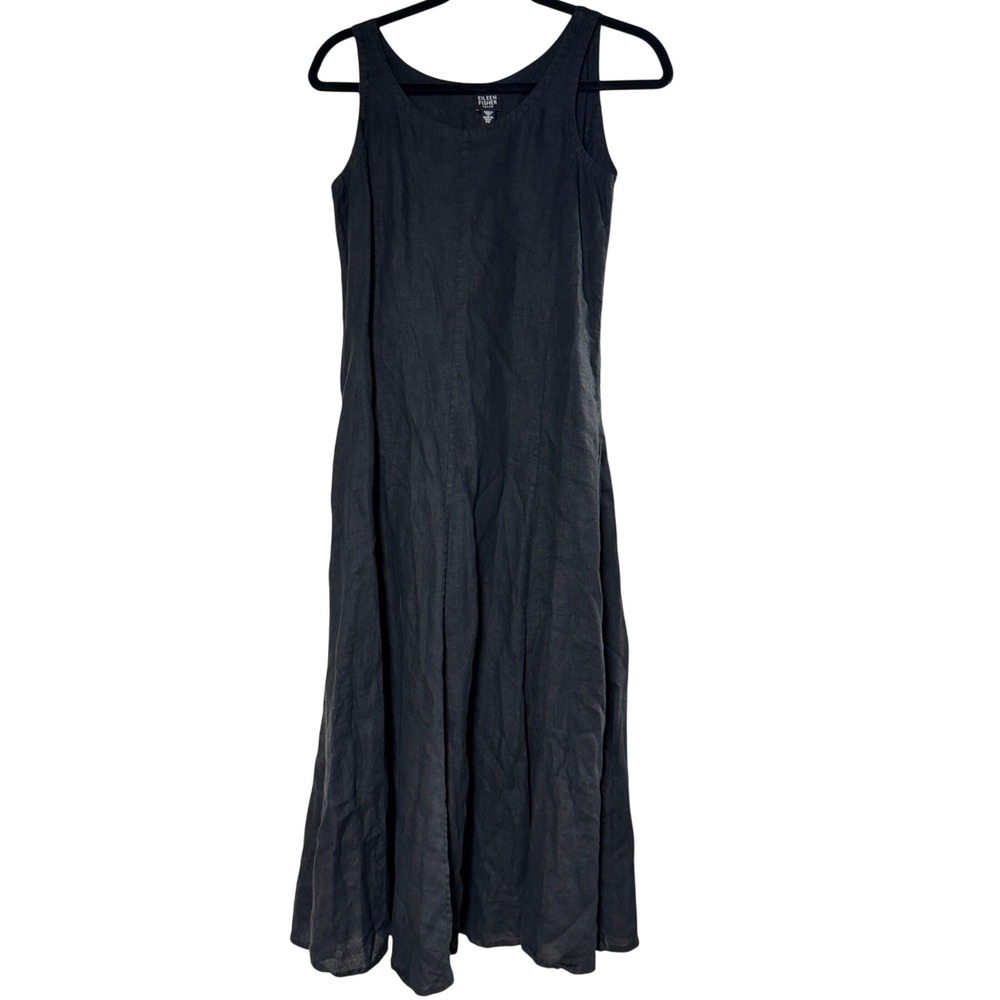 Eileen Fisher Dress Irish Linen Sleeveless PS Black Womens Maxi Lagenlook Luxury